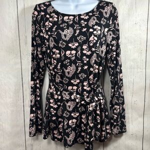 Boden Bernadette Womens Floral Waist Tie Top Stretch Jersey Fitted Long Sleeve